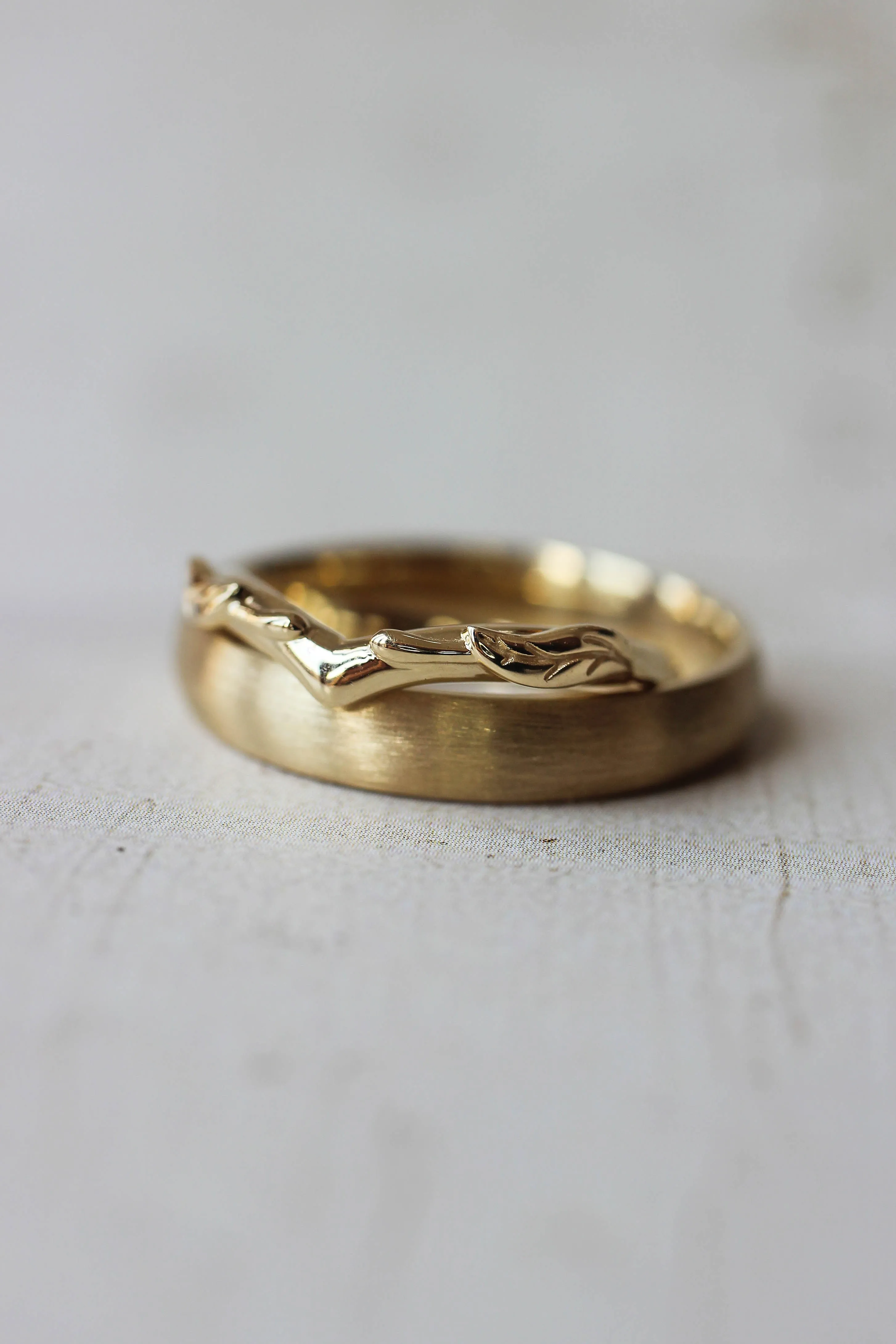 Wedding bands set for couple: satin band for him, Wisteria band for her