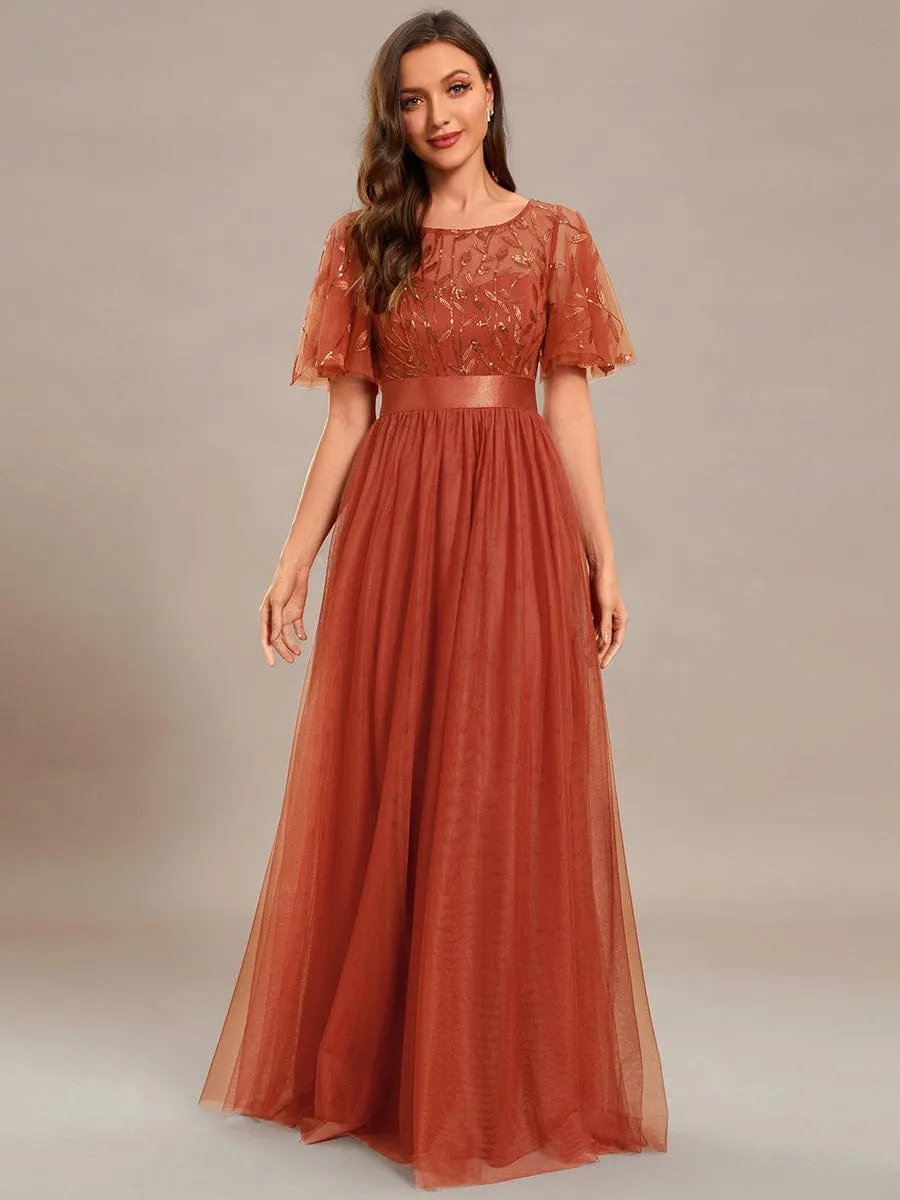 Women's A-Line Short Sleeve Embroidery Floor Length Evening Dresses