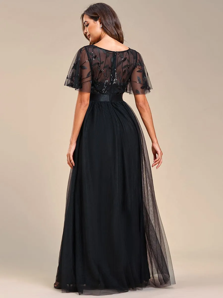 Women's A-Line Short Sleeve Embroidery Floor Length Evening Dresses