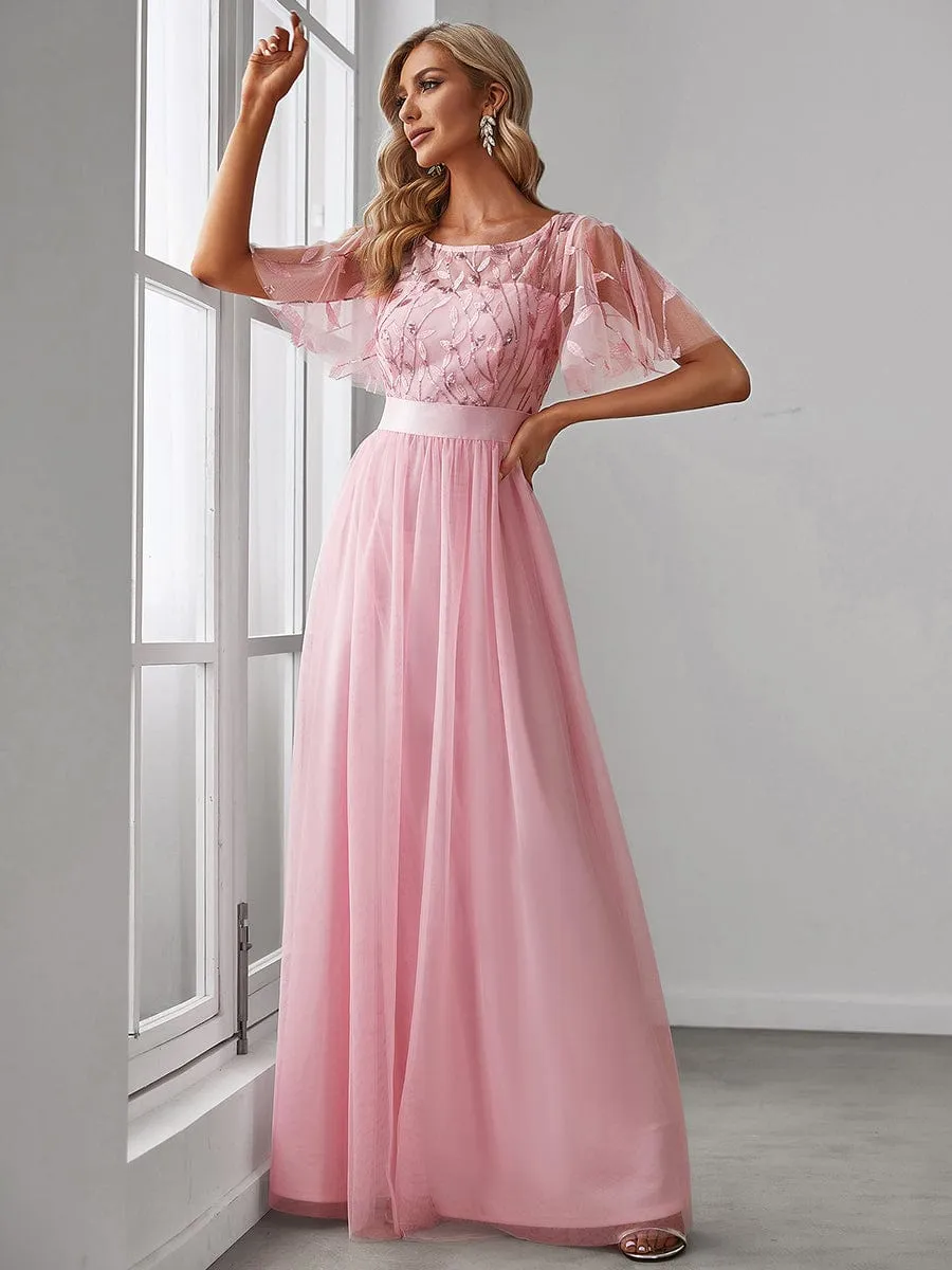 Women's A-Line Short Sleeve Embroidery Floor Length Evening Dresses