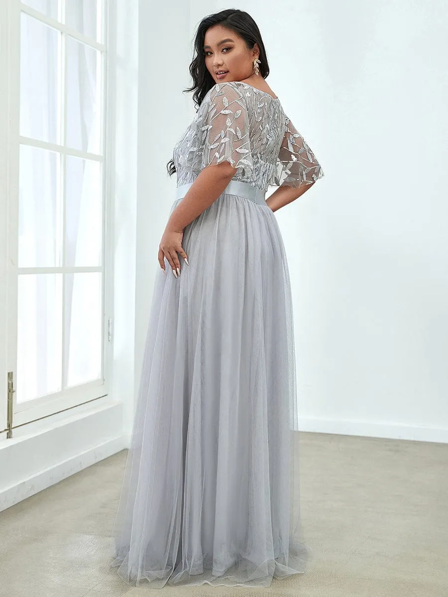 Women's A-Line Short Sleeve Embroidery Floor Length Evening Dresses