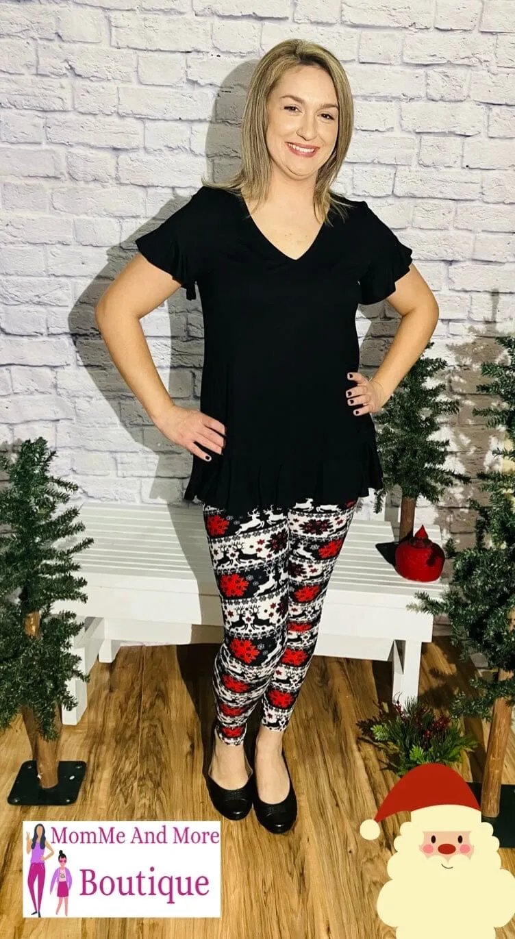 Womens Christmas Reindeer Snowflake Leggings, Soft Yoga Pants, Size 0-18, White/Red/Black