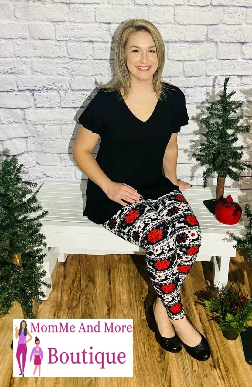 Womens Christmas Reindeer Snowflake Leggings, Soft Yoga Pants, Size 0-18, White/Red/Black