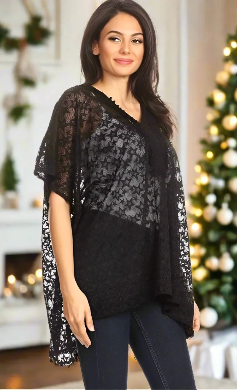 Womens Pull Over Lace Top, 4th of July Black Kimono, Swimsuit Cover Up, Black