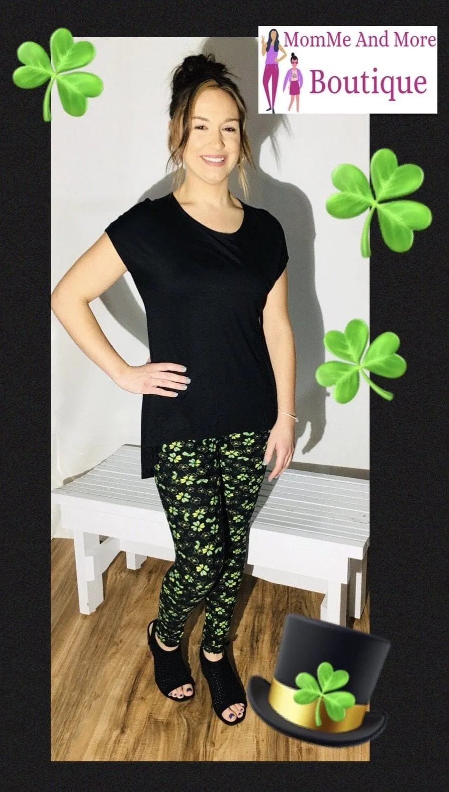 Womens St. Patrick Day Shamrock Leggings, Soft Yoga Pants, Sizes 0-20, Yoga Waist, Green/Black