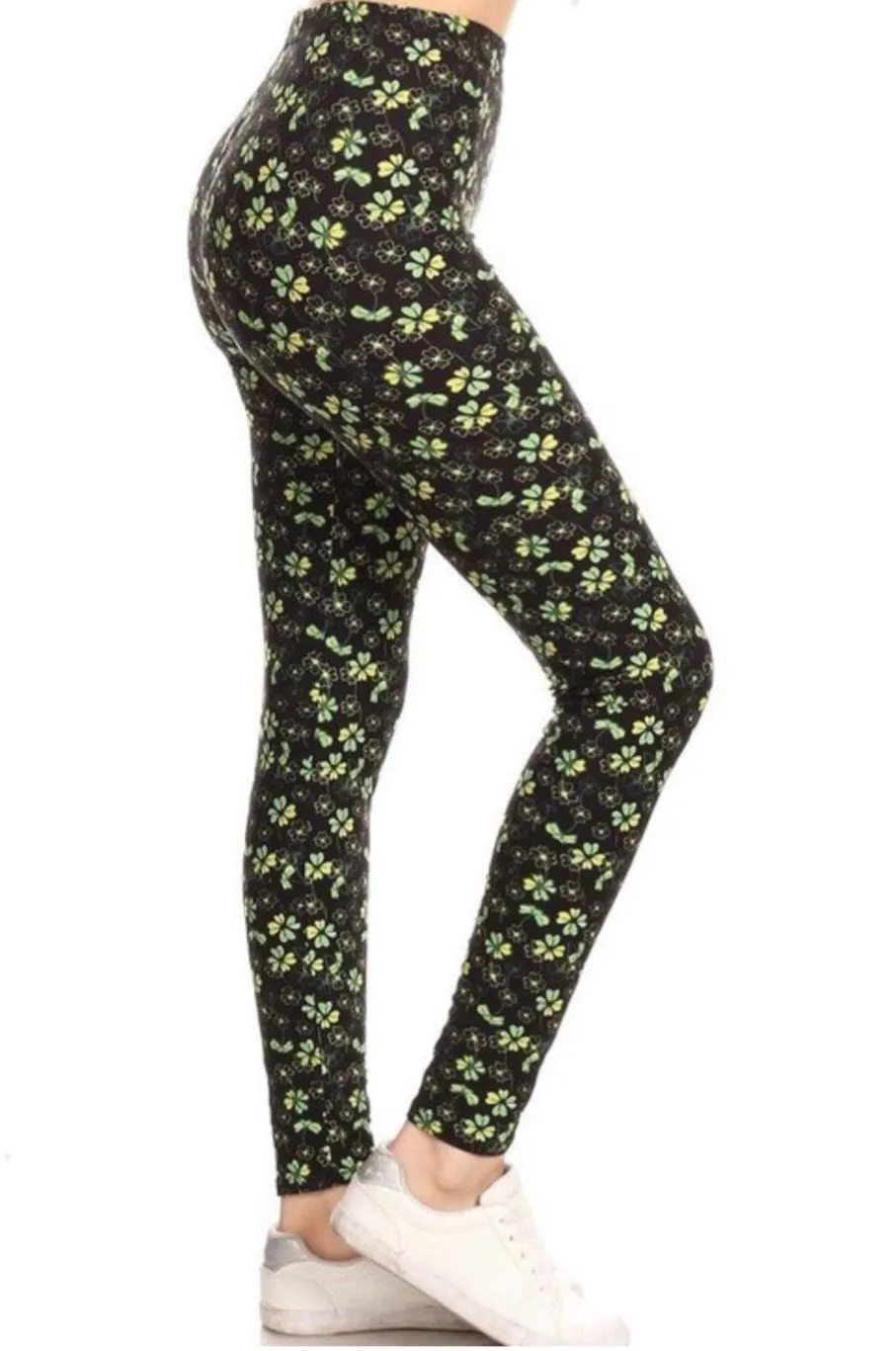 Womens St. Patrick Day Shamrock Leggings, Soft Yoga Pants, Sizes 0-20, Yoga Waist, Green/Black