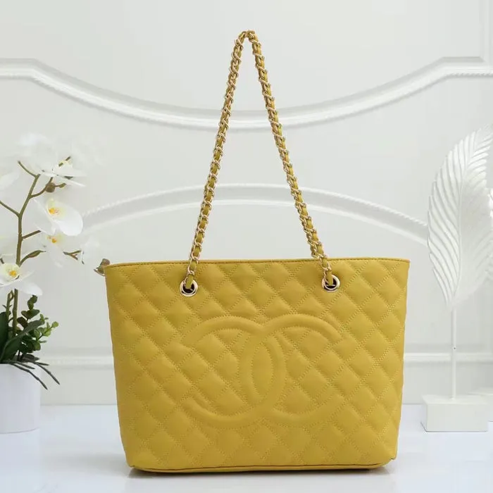 Yellow Quilted Tote Bag with Gold Chain - Italian Artisan Severa Womens Luxury Crossbody Shoulder Handbag